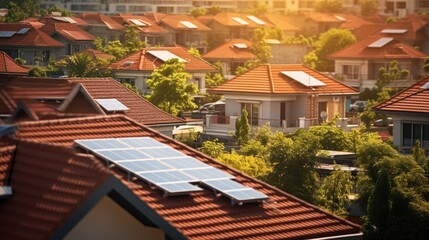 Morning Serenity: Rooftop Solar Panels in Quiet Residential Neighborhood Bathed in Golden Sunlight