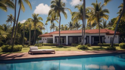 Obraz premium Green Energy Living: Modern House with Solar Panels in Lush Garden Oasis under Sunny Skies