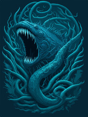 A menacing Leviathan logo, depicting a cosmic horror sea serpent emerging from dark waters, exudes an aura of otherworldly terror, perfect for an SPC emblem.