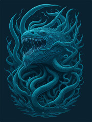 A menacing Leviathan logo, depicting a cosmic horror sea serpent emerging from dark waters, exudes an aura of otherworldly terror, perfect for an SPC emblem.