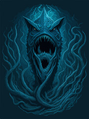 A menacing Leviathan logo, depicting a cosmic horror sea serpent emerging from dark waters, exudes an aura of otherworldly terror, perfect for an SPC emblem.