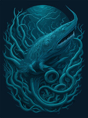 A menacing Leviathan logo, depicting a cosmic horror sea serpent emerging from dark waters, exudes an aura of otherworldly terror, perfect for an SPC emblem.