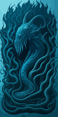 A menacing Leviathan logo, depicting a cosmic horror sea serpent emerging from dark waters, exudes an aura of otherworldly terror, perfect for an SPC emblem.