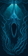 A menacing Leviathan logo, depicting a cosmic horror sea serpent emerging from dark waters, exudes an aura of otherworldly terror, perfect for an SPC emblem.