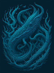 A menacing Leviathan logo, depicting a cosmic horror sea serpent emerging from dark waters, exudes an aura of otherworldly terror, perfect for an SPC emblem.