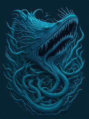 A menacing Leviathan logo, depicting a cosmic horror sea serpent emerging from dark waters, exudes an aura of otherworldly terror, perfect for an SPC emblem.