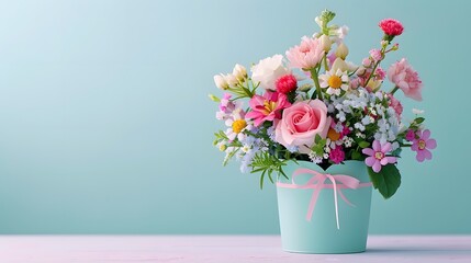 A heart-shaped gift box brimming with assorted flowers, positioned on a smooth, pastel-colored background with space for text below. List of Art Media, Features empty space for text Photograph