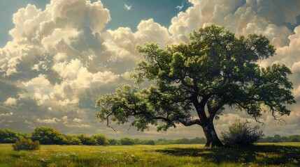 Fototapeta premium Large Oak Tree in a Verdant Field