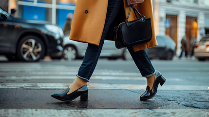 Fototapeta premium Side view woman walking street in fashionable spring or autumn clothes cashmere coat jeans black loafers shoes and handbag Female model in motion street style fashion close up legs : Generative AI