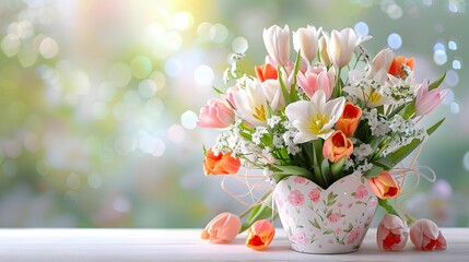 A heart-shaped box overflowing with mixed flowers including tulips and lilies, with a soft focus background providing empty space for text. List of Art Media, Features empty space for text Photograph