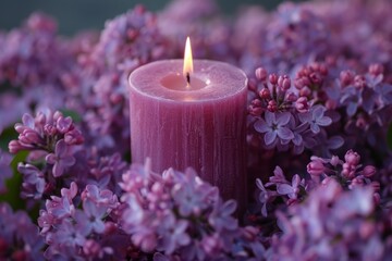 Scented candle surrounded by lavender decorations. Cozy atmosphere of comfort and relaxation