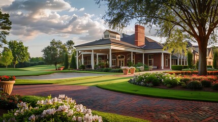Fototapeta premium A traditional golf course clubhouse with a brick exterior and well-maintained