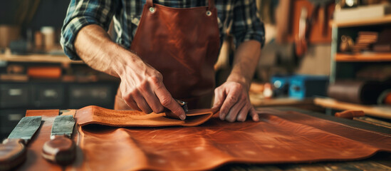 Artisan crafting engaged in leatherworking workshop