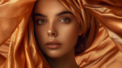 Beautiful Girl Face with Natural Makeup and Sun Tanned Skin Beauty Woman wrapped in Brown Silk Fabric waving on Wind Fashion Model Portrait wearing Head Satin Scarf : Generative AI