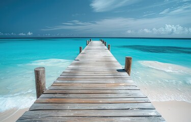 Obraz premium The photo shows a wooden dock extending out into a calm blue sea.