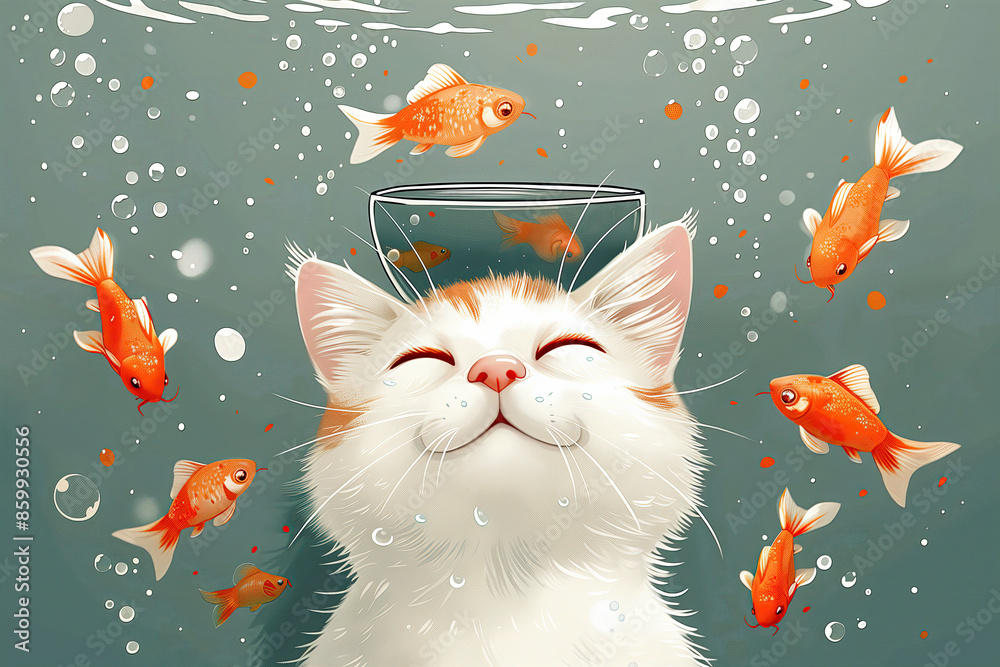 Wall mural Goldfish Friends Forever! Adorable Cat Wearing Fishbowl Helmet Swims with Goldfish Buddies - Flat Vector Art - Wall murals