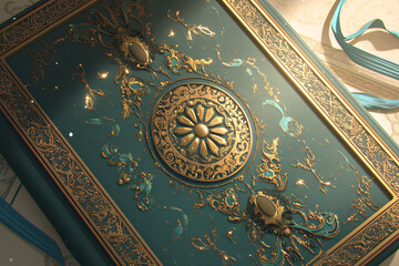 Naklejka premium Close-up of an intricately designed book cover with gold accents and decorative motifs. Perfect for artistic and literary themes.