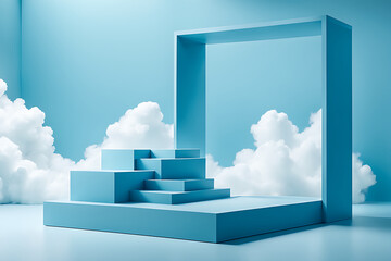  Cloud background podium blue 3d product sky white display platform render abstract stage pastel...