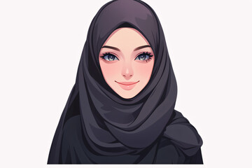 Naklejka premium Front-facing illustration of a young woman in a black hijab with a bright smile and gentle eyes. Ideal for cultural and fashion themes.