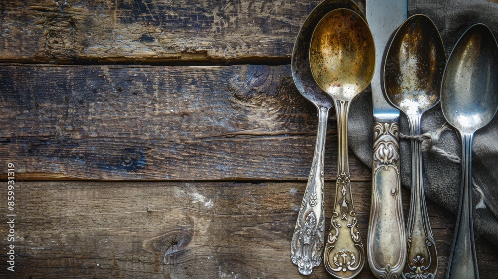 Sticker Vintage silverware closeup on a rustic wooden backdrop