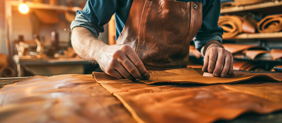 Artisan crafting engaged in leatherworking workshop