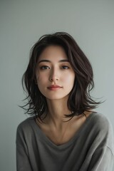 Fototapeta premium A woman with long hair and a grey sweater.