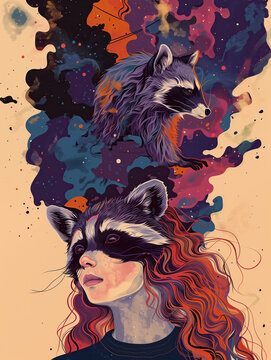 Colorful 2D Illustration of Woman and Playful Raccoon - Unique Animal Artwork