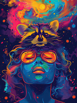 Playful Raccoon and Woman 2D Illustration Portrait - Creative Animal Art Design