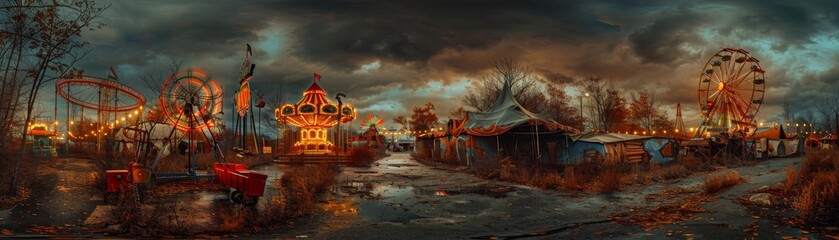 Fototapeta premium Dive into the spine-chilling world of a spooky carnival, complete with tattered tents, flickering lights, and lurking clowns.