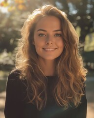 Naklejka premium A beautiful woman with long hair smiling in the sun.