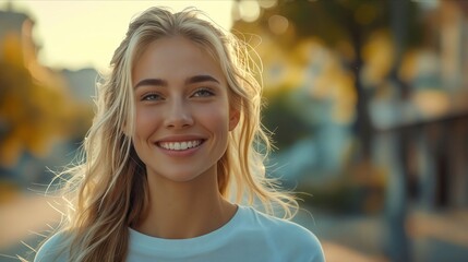 A beautiful blonde woman smiling in the street.