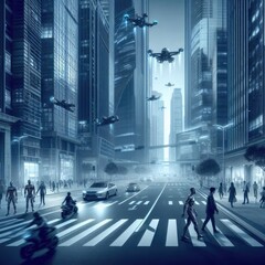 Obraz premium A Normal Day on City Streets: Interaction Between Humans and Cyberborgs