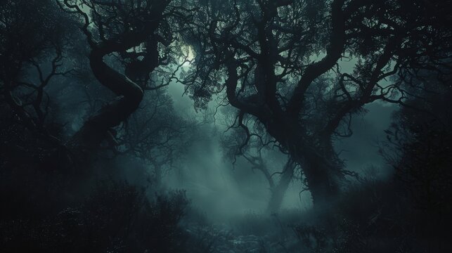 The cold and frightening atmosphere of a dark forest with twisted trees and dense fog in which mysterious shadows lurk. - Powered by Adobe