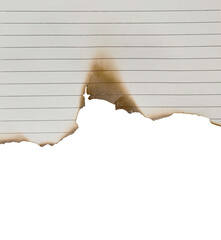 Notebook paper burned half isolated on white background with clipping path
