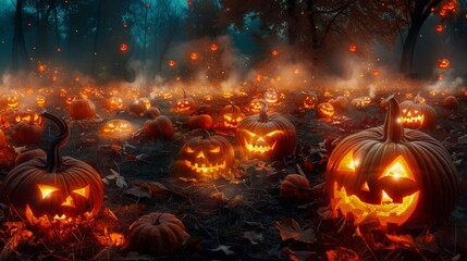 Naklejka premium The enchanting atmosphere of the pumpkin patch at night which has glowing jack-o'-lanterns And in the background there is mist and scattered autumn leaves.