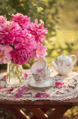 Photo of a bouquet of pink peonies in the garden.