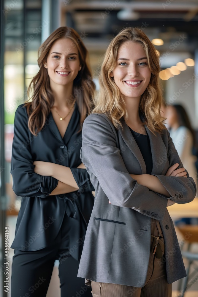 Wall mural Two business women standing together in an office. - Wall murals