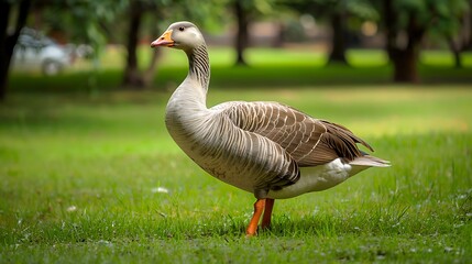 Obraz premium A closeup of a domestic goose in a garden area standing on green grass