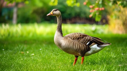A closeup of a domestic goose in a garden area standing on green grass