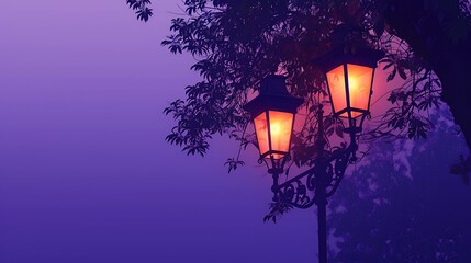 A gas flame street lamp at a public park on purple background