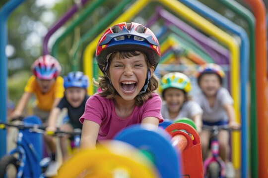 Joyful Children on Balance Bikes in Colorful Obstacle Course Adventure