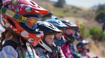 Young Children with Colorful Helmet Stickers Ready for Downhill Balance Bike Race
