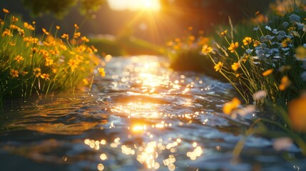 Golden Sunlight on a Flower-Lined Stream at Sunset
