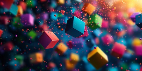 Multi-colored blocks scatter on a dark blue background, bright colors