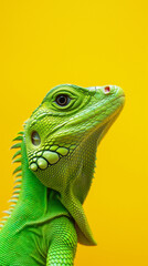 Green iguana against a bright yellow background.