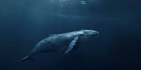 Obraz premium Diving Blue Whale in Deep Ocean A magnificent blue whale diving deep into the ocean, captured in a full-body shot, highlighting its immense size and graceful movement. 