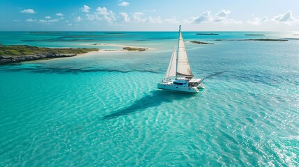 beautiful production catamaran is sailing through the clear waters of the bahamas