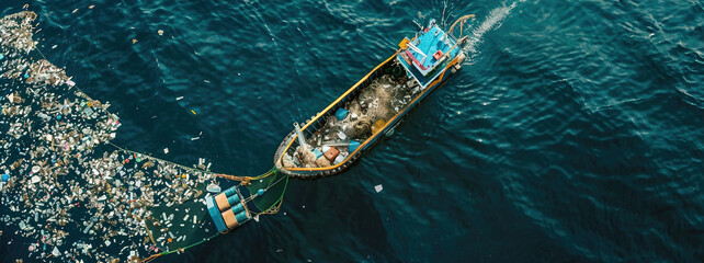Aerial view: Ocean cleanup vessels deploy nets to collect floating plastic waste.