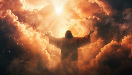 Person in robe raising arms towards bright light in cloudy sky