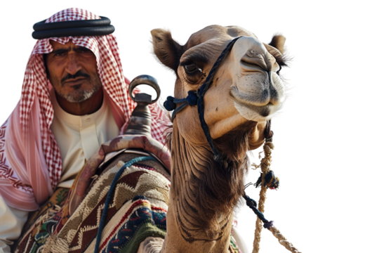 Traditional Arab Nomad with Camel Vector Graphics Isolated on Transparent Background
